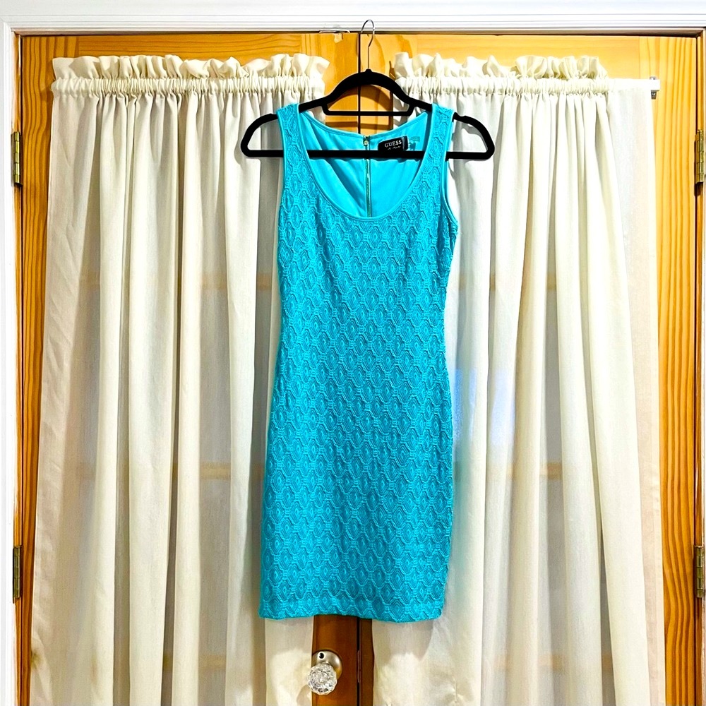 Guess tiffany blue teal crochet sheath zip dress